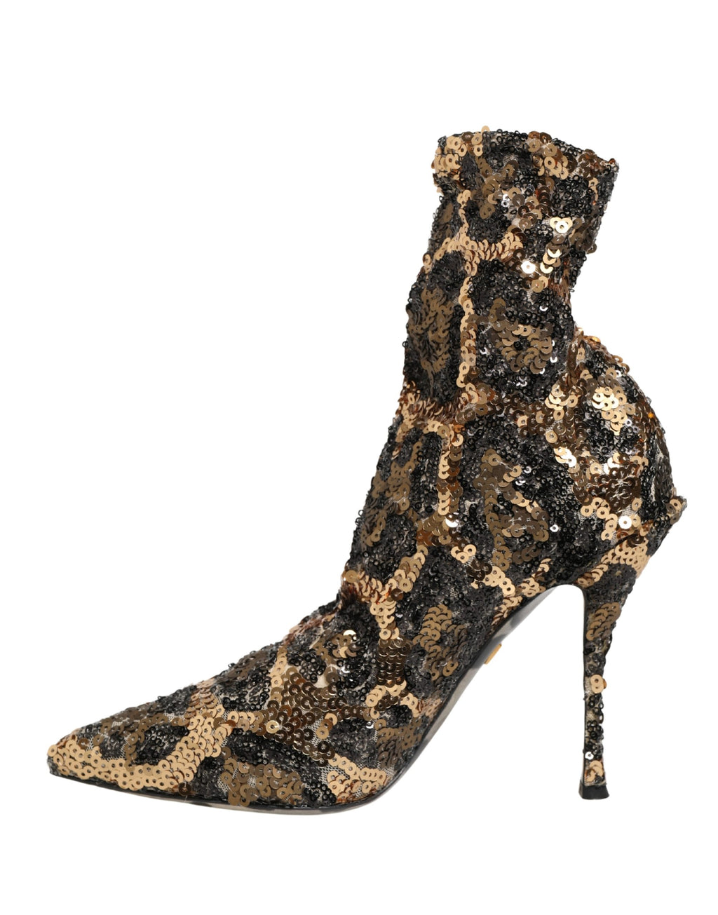 Bottines à talons Dolce & Gabbana orné de sequins à motifs léopard, style ankle boots, chaussures élégantes et tendance.