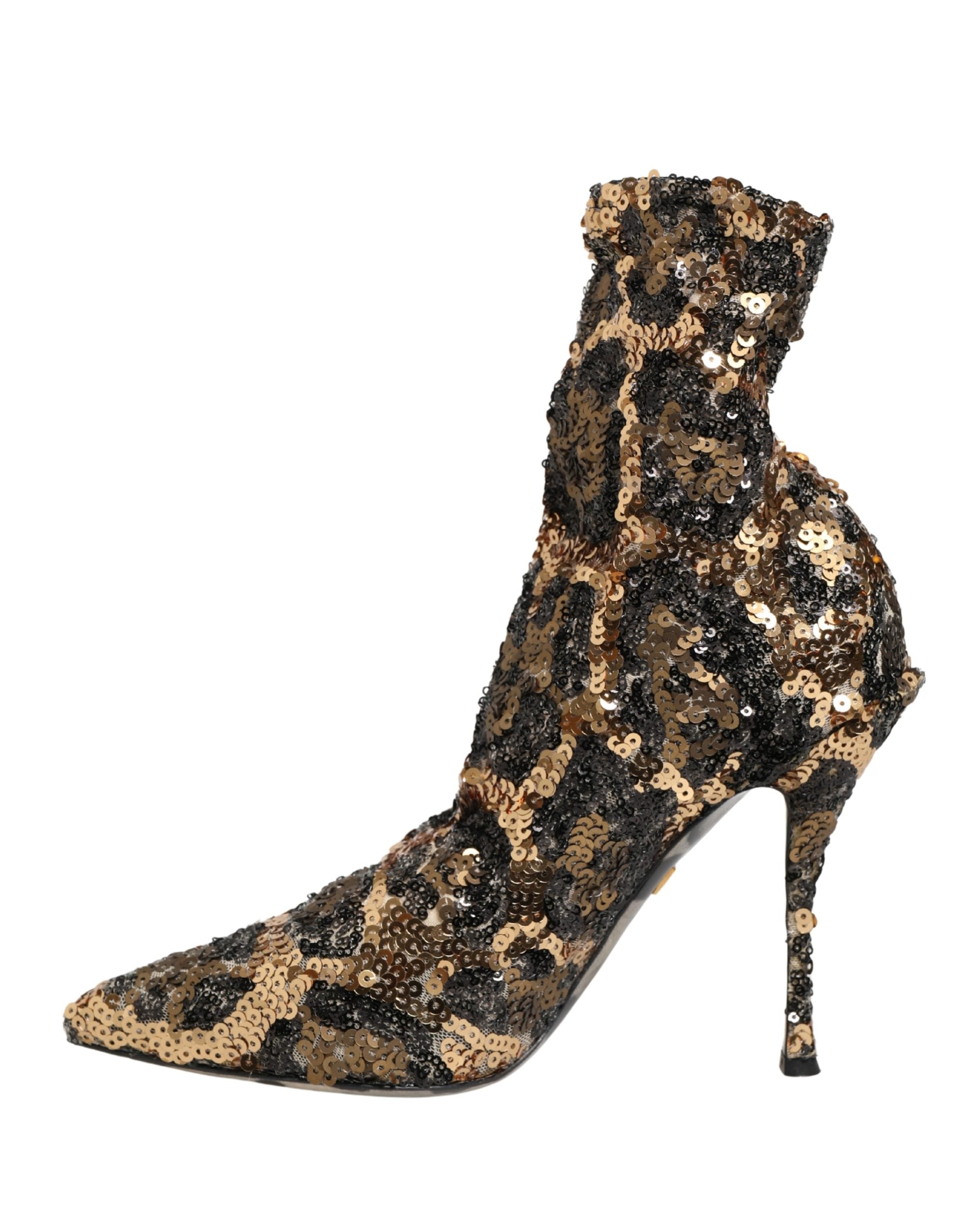 Bottines à talons Dolce & Gabbana orné de sequins à motifs léopard, style ankle boots, chaussures élégantes et tendance.
