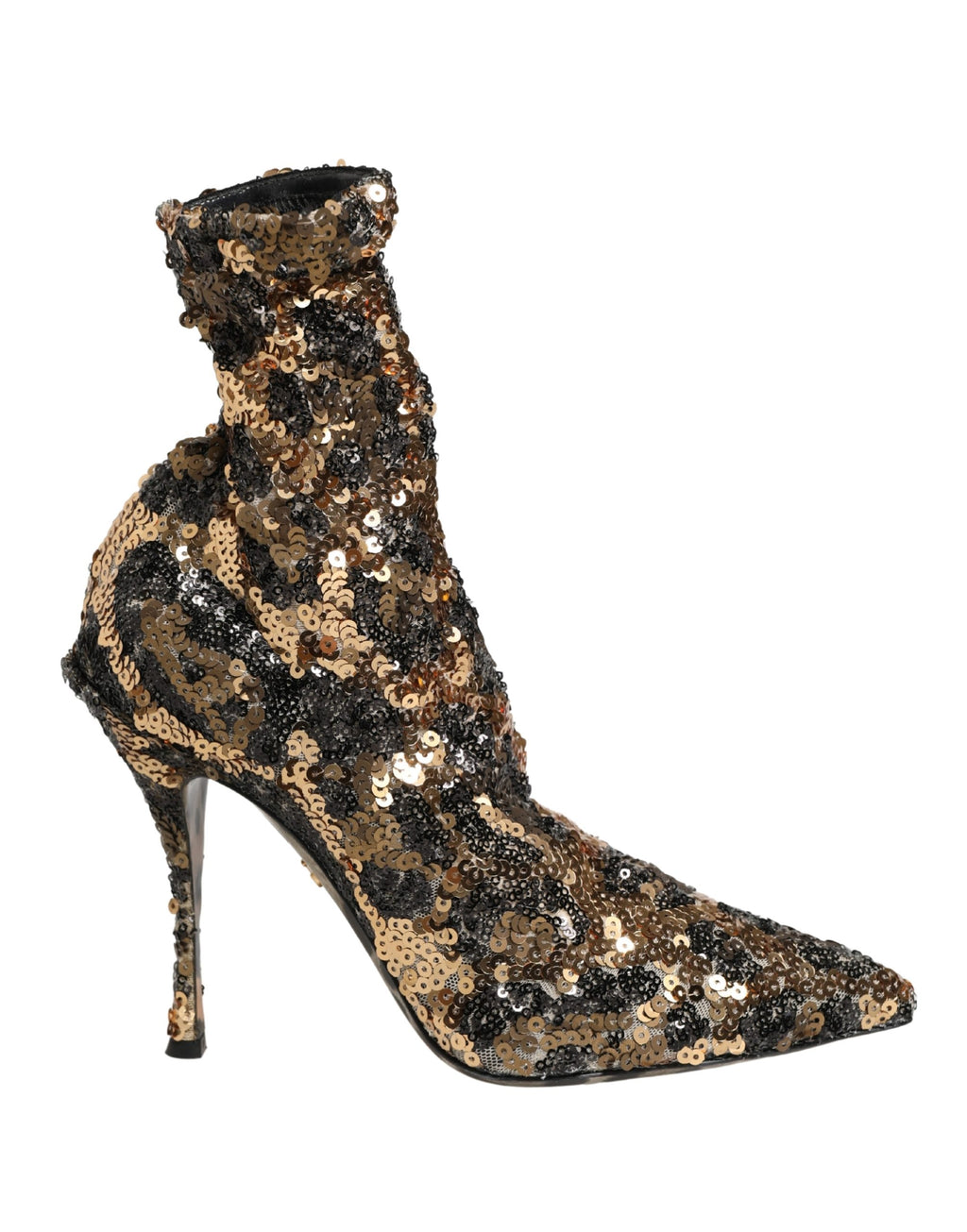 Chaussures bottines Dolce & Gabbana en sequins dorés et léopard, avec motif animalier et semelle en caoutchouc.