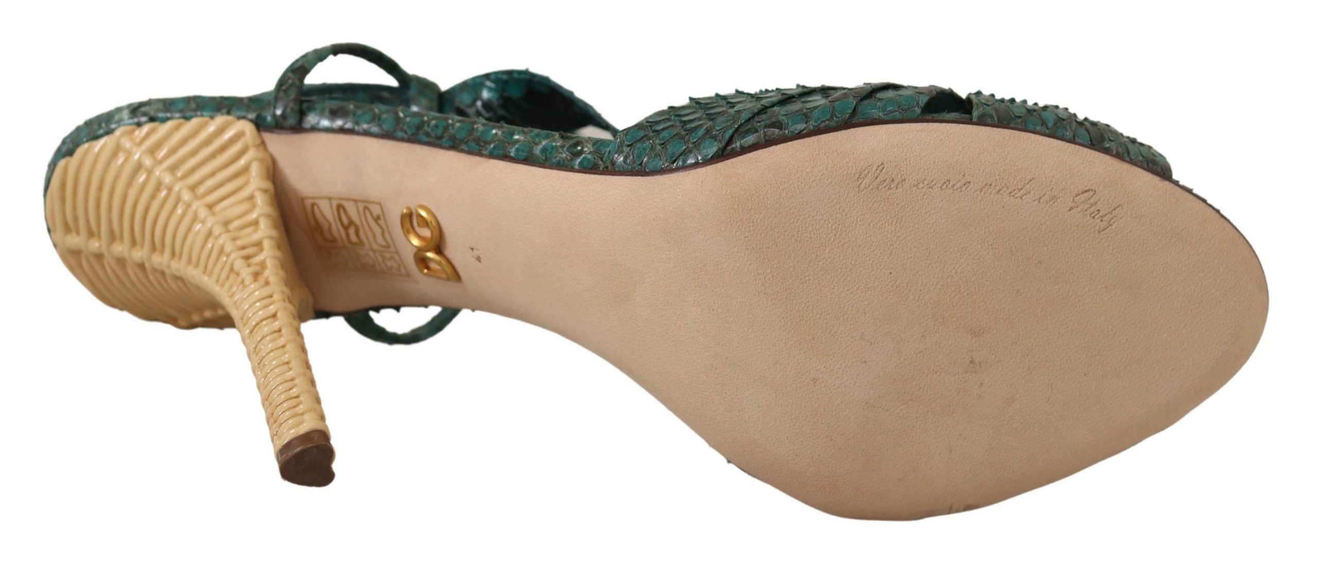 Sandales à talons Dolce & Gabbana en cuir vert avec bride en python, chaussures élégantes pour femmes.