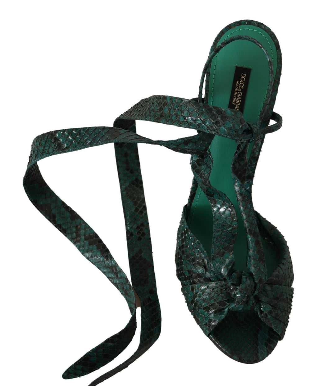 Sandales à talons Dolce & Gabbana en python vert, chaussures élégantes avec brides fines et plateforme sophistiquée.
