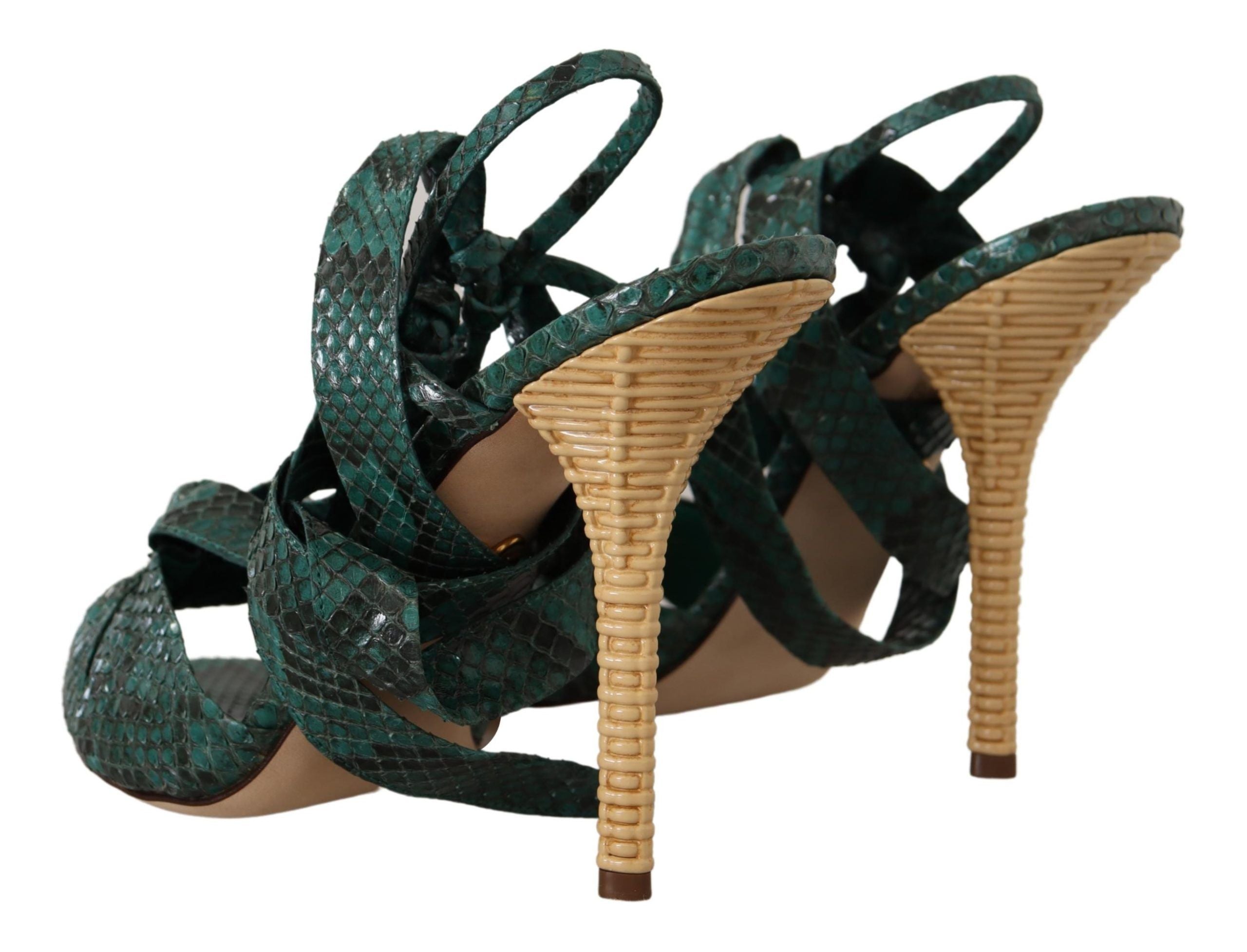 Sandales à talons Dolce & Gabbana en python vert, avec bride fine et semelle élégante, vues de côté.