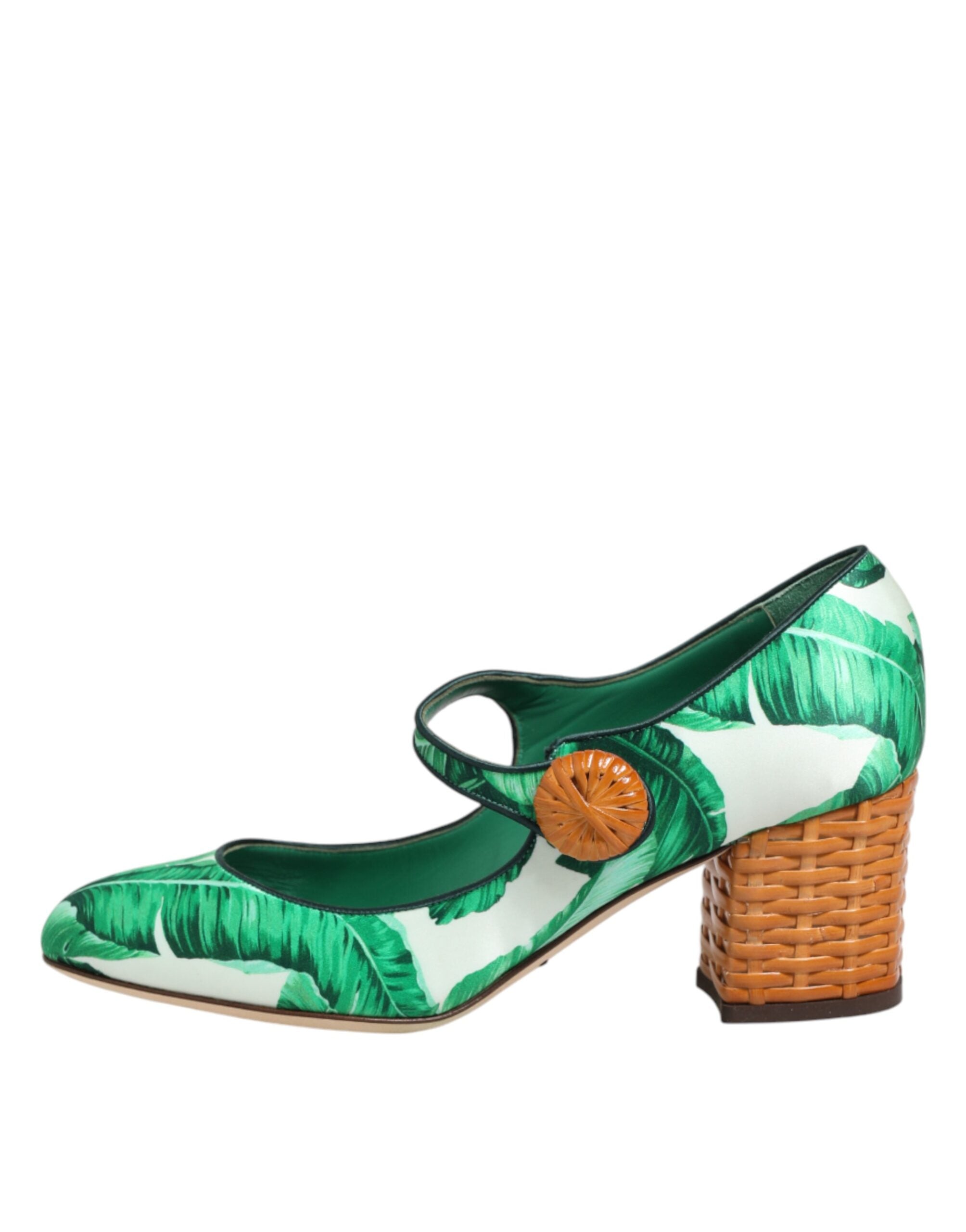 Sandales en soie vert Dolce & Gabbana Mary Janes avec motifs de feuilles, chaussures élégantes et tendance.