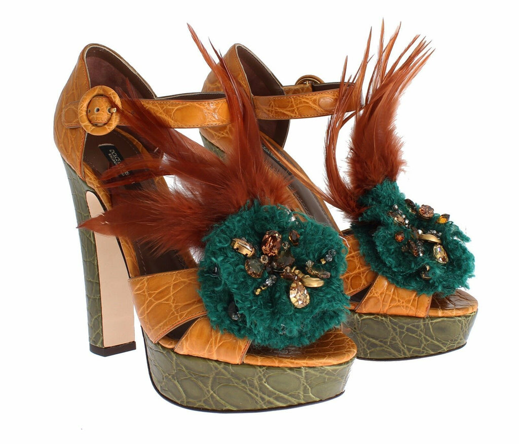 Sandales plateforme en cuir orange avec cristaux de Dolce & Gabbana, chaussures élégantes pour femmes.