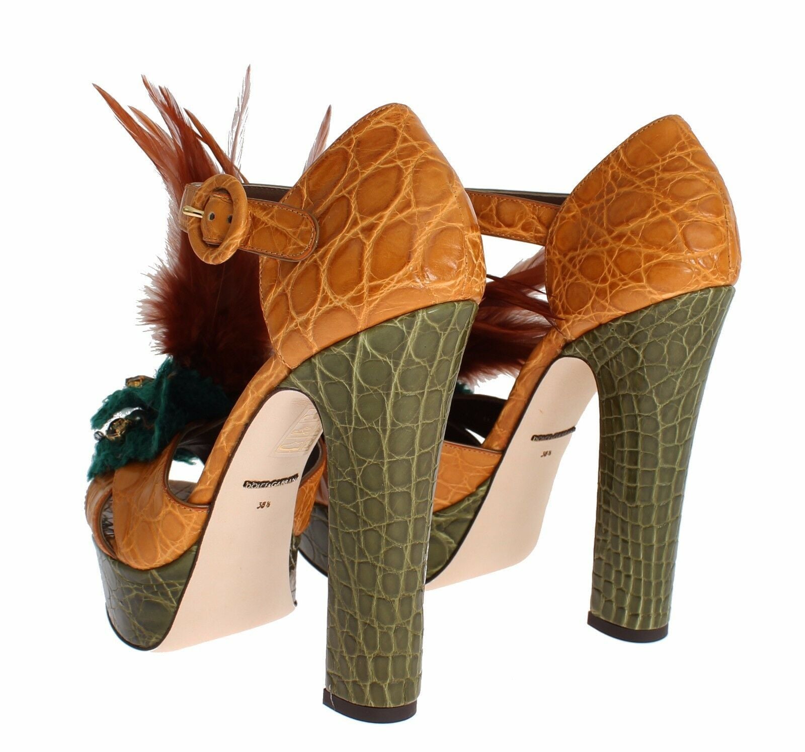 Sandales plateforme en cuir orange Dolce & Gabbana avec cristaux, style élégant et sophistiqué pour femmes.