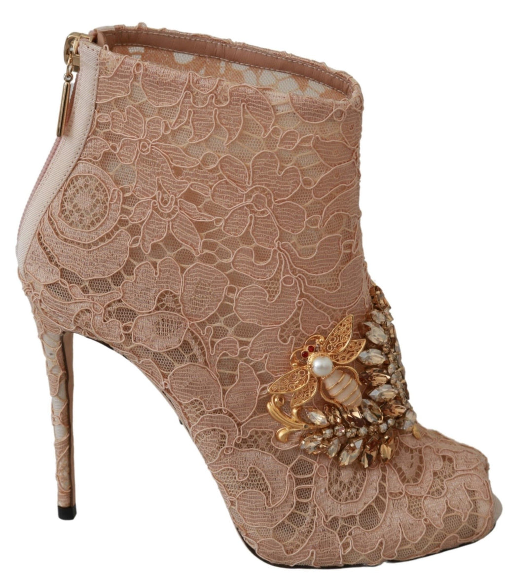 Chaussures à talons stilettos Dolce & Gabbana rose avec cristaux et dentelle, élégantes bottines pour femmes.