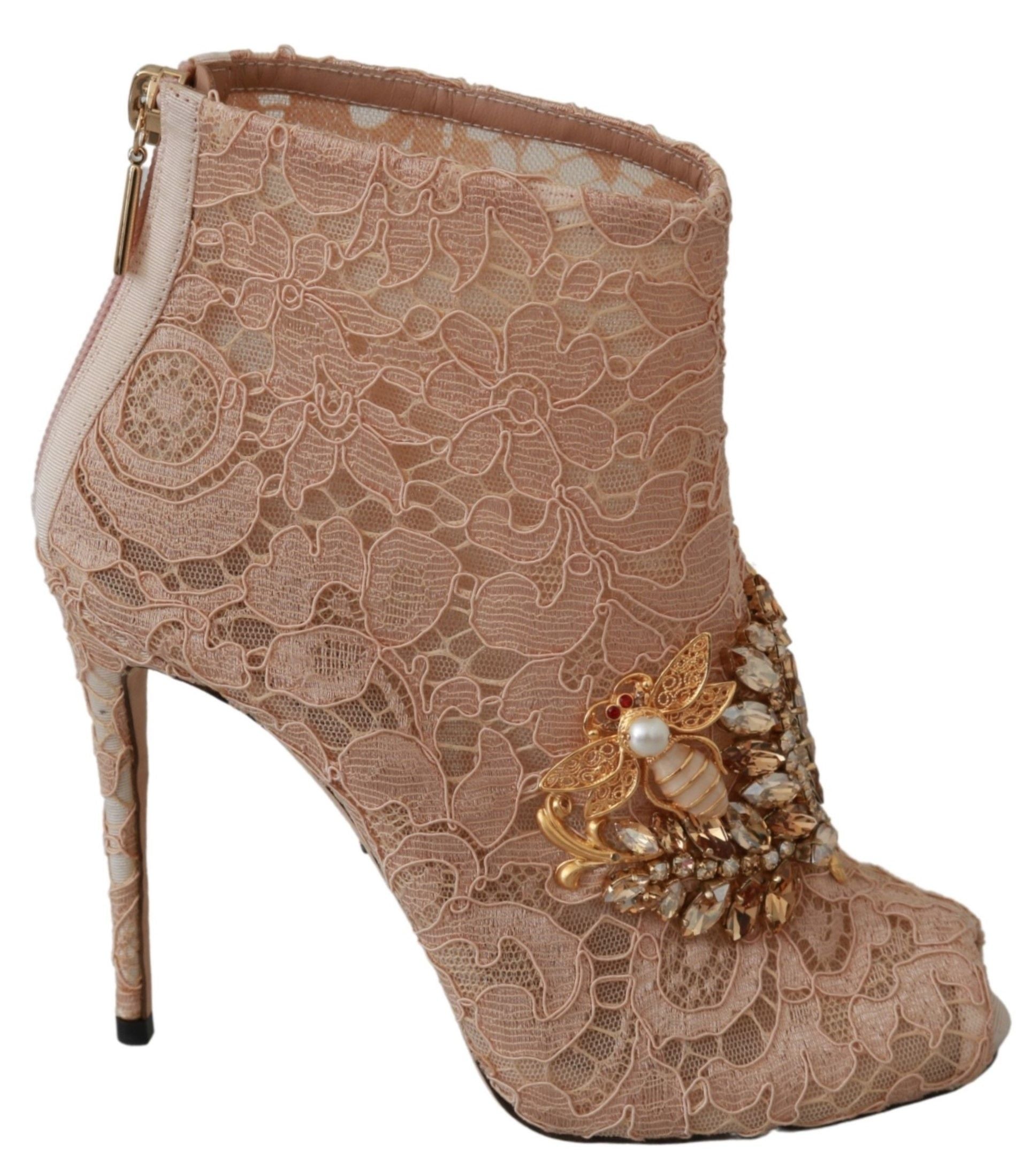 Chaussures à talons stilettos Dolce & Gabbana rose avec cristaux et dentelle, élégantes bottines pour femmes.