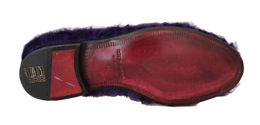 Mocassins en cuir et fourrure de mouton violet Dolce & Gabbana, détails élégants et finition de haute qualité.