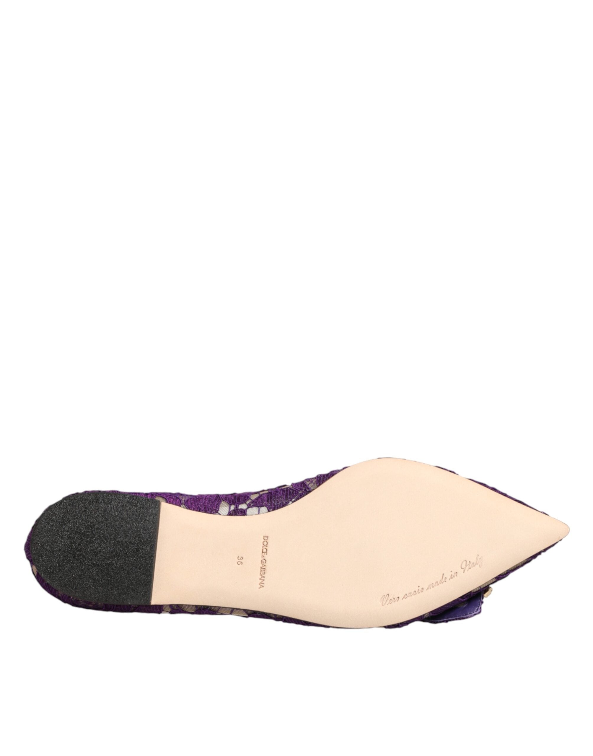 Chaussures plates Dolce & Gabbana Taormina en dentelle violette avec cristaux, élégantes et délicates.