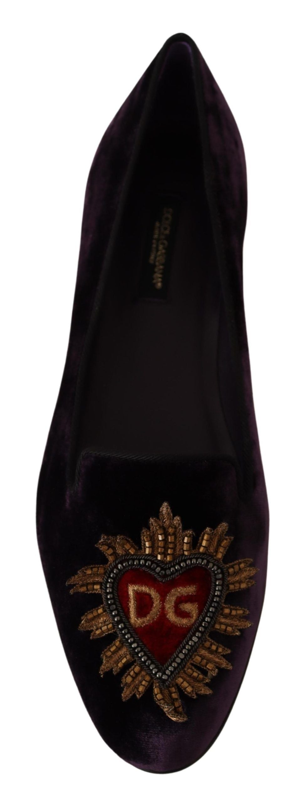 Chaussures plates Dolce & Gabbana en velours violet avec motif de cœur DG, mocassins élégants pour femmes