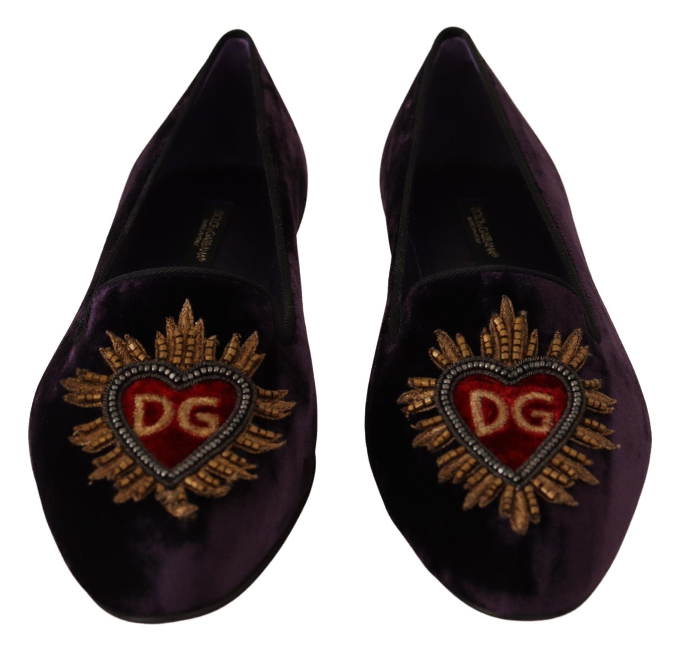 Chaussures Dolce & Gabbana, mocassins en velours violet avec cœur DG, chaussures plates élégantes pour femmes.
