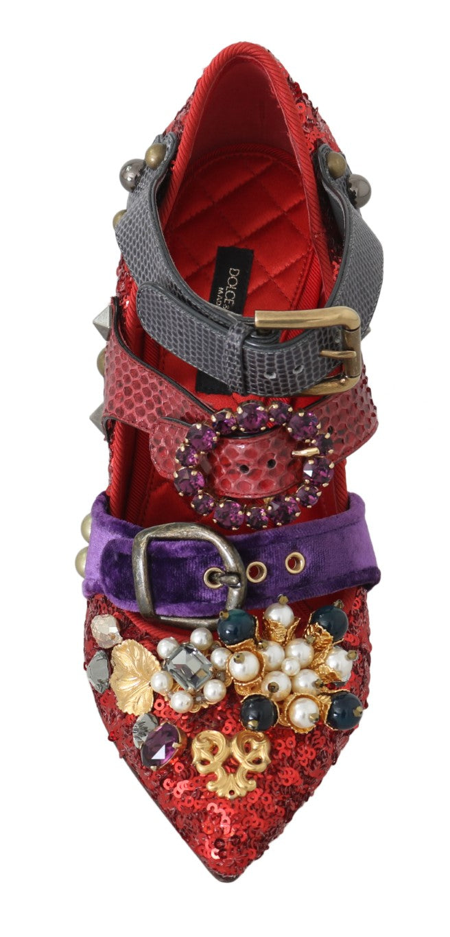 Chaussures Dolce & Gabbana à talons rouges avec paillettes et cristaux, élégantes et sophistiquées.