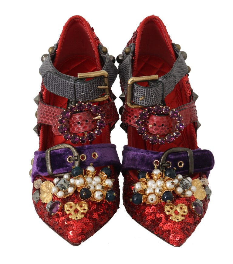 Escarpins Dolce & Gabbana rouges à sequins et cristaux, chaussures élégantes à talons pour femme.