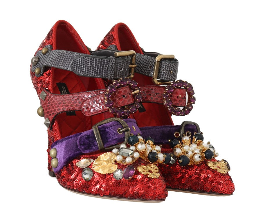 Chaussures à talons Dolce & Gabbana rouges avec sequins et cristaux, élégantes et brillantes.