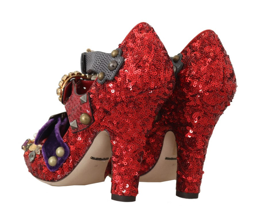Chaussures à talons Dolce & Gabbana rouges à sequins et cristaux, élégantes et glamour, vues de côté.