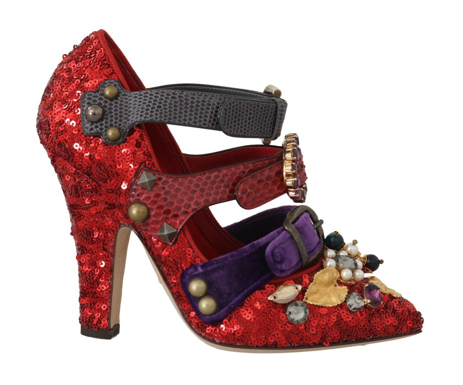 Escarpins Dolce & Gabbana rouges ornés de sequins et cristaux, chaussures élégantes à talons pour femmes.