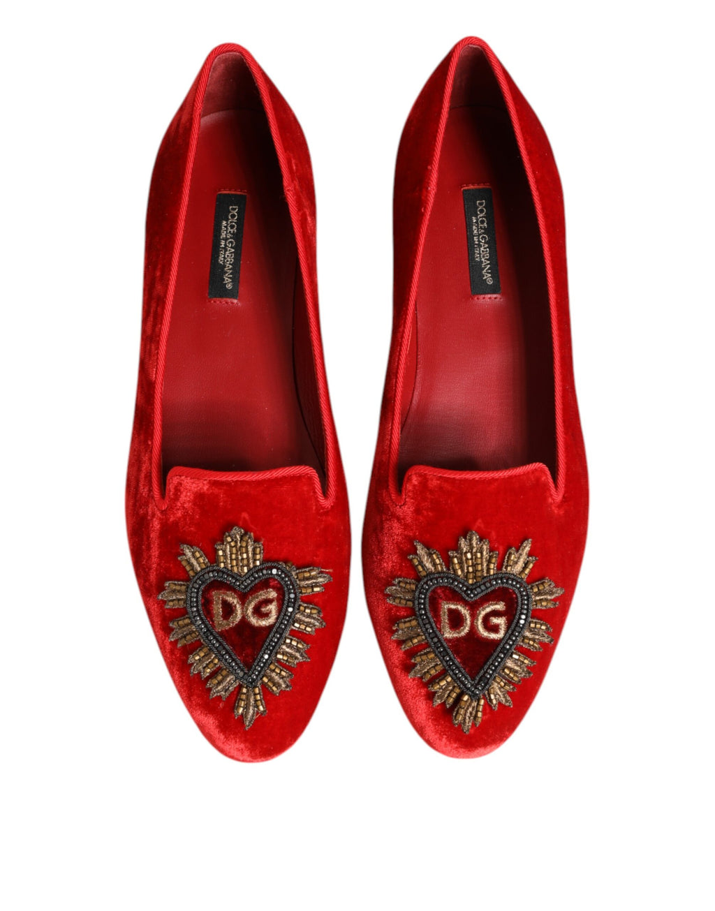 Chaussures Dolce & Gabbana, mocassins rouges en velours avec cœur DG, chaussures plates élégantes pour femmes.