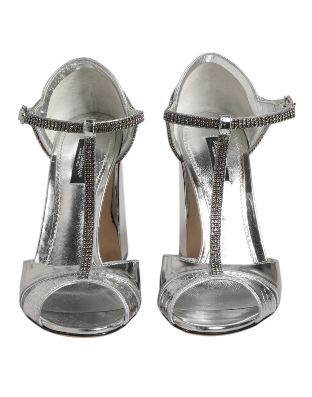 Sandales à talons en cuir argenté avec bride T de Dolce & Gabbana, chaussures élégantes et sophistiquées.