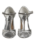 Sandales à talons en cuir argenté avec bride T de Dolce & Gabbana, chaussures élégantes et sophistiquées.