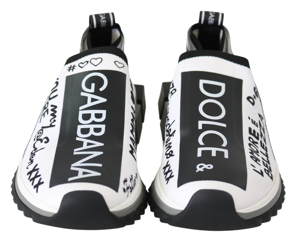 Chaussures sneakers Dolce & Gabbana Sorrento blanches et noires, style slip-on pour homme, vue de face.