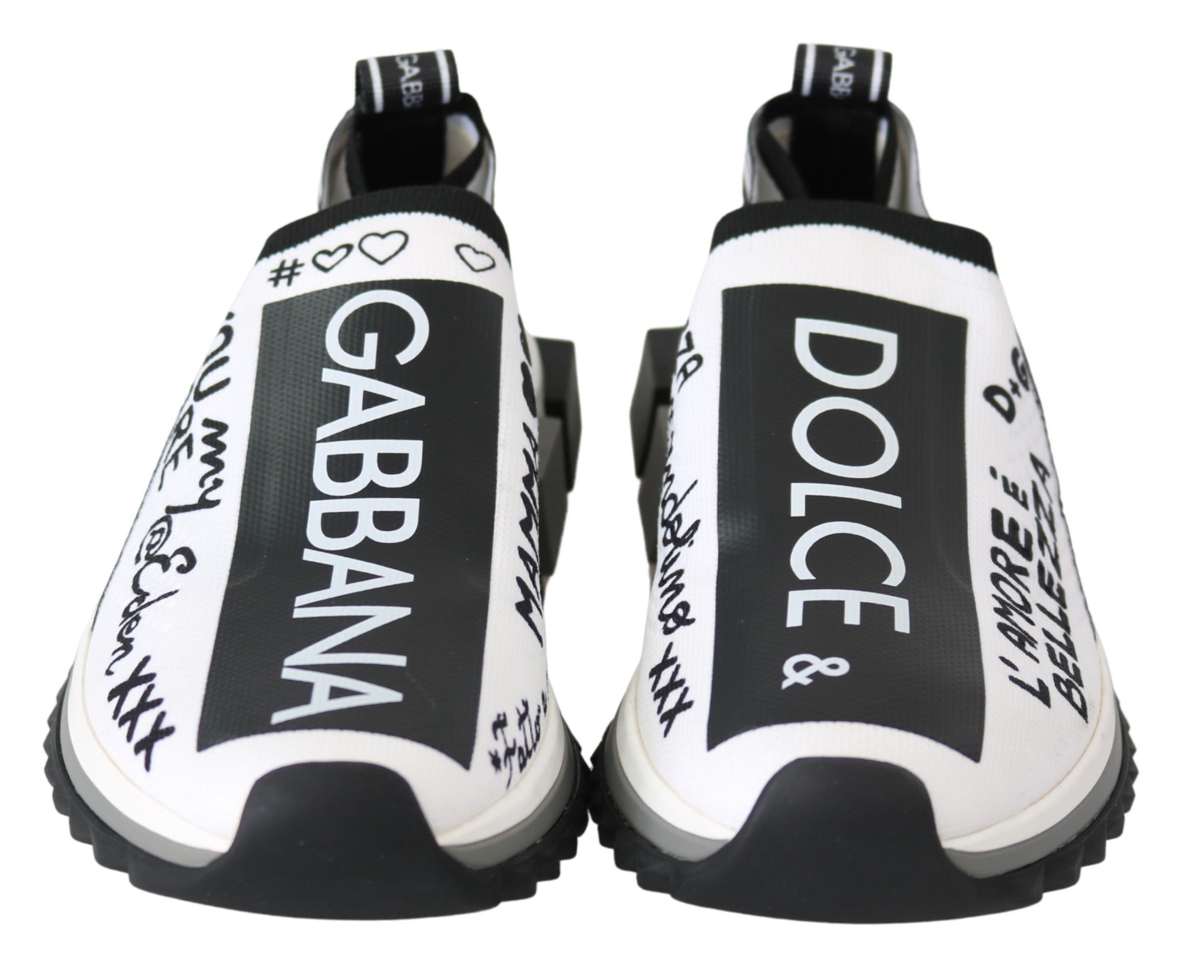 Chaussures sneakers Dolce & Gabbana Sorrento blanches et noires, style slip-on pour homme, vue de face.