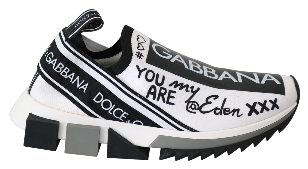 Chaussures sneakers Dolce & Gabbana Sorrento blanches et noires, style slip-on, visibles en gros plan.