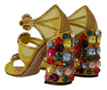 Sandales en cuir jaune Dolce & Gabbana avec cristaux, chaussures élégantes pour femmes, vue en gros plan.