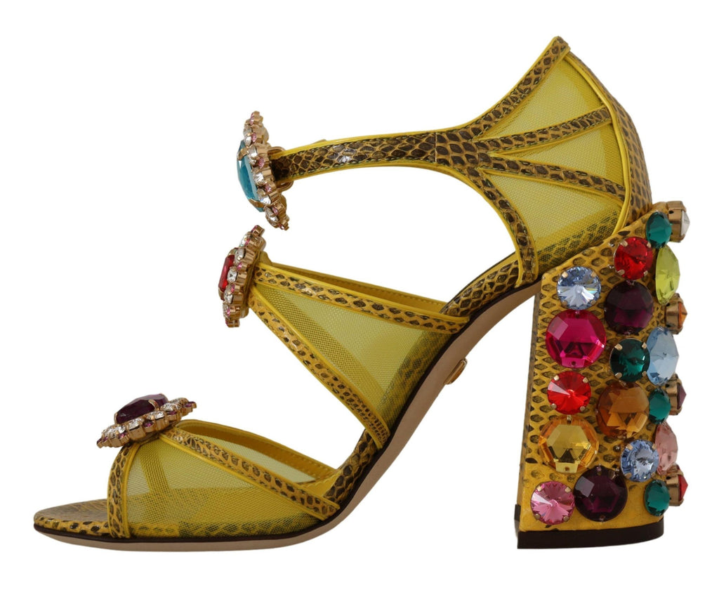 Sandales Dolce & Gabbana en cuir jaune avec cristaux, chaussures élégantes et sophistiquées pour femmes.
