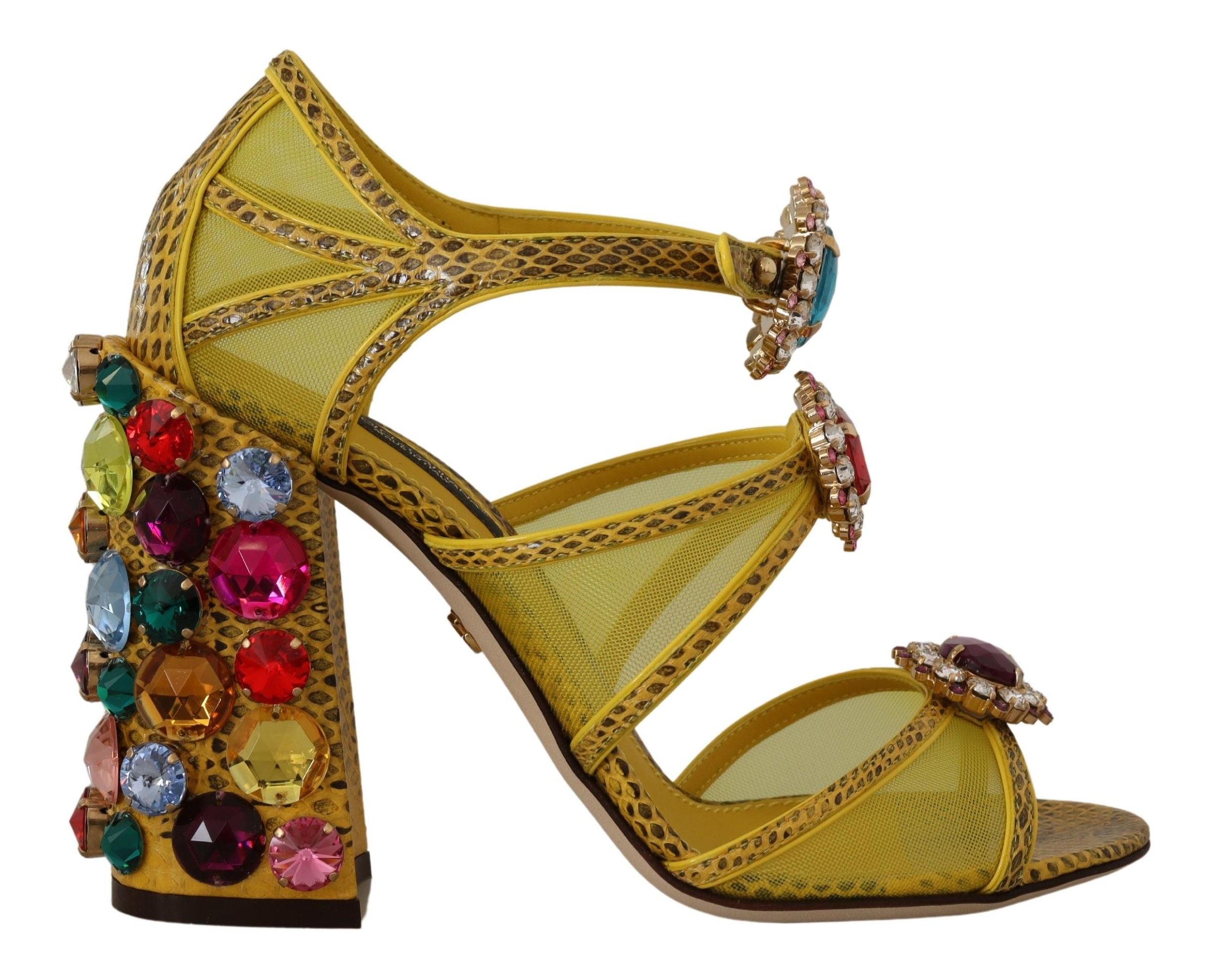 Sandales en cuir jaune Dolce & Gabbana avec cristaux, style élégant et sophistiqué, vues montrant la bride et la semelle.