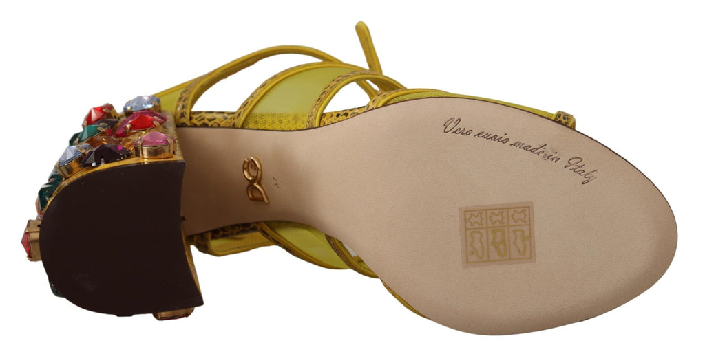 Sandales en cuir jaune Dolce & Gabbana avec cristaux, chaussures élégantes et sophistiquées pour femmes.