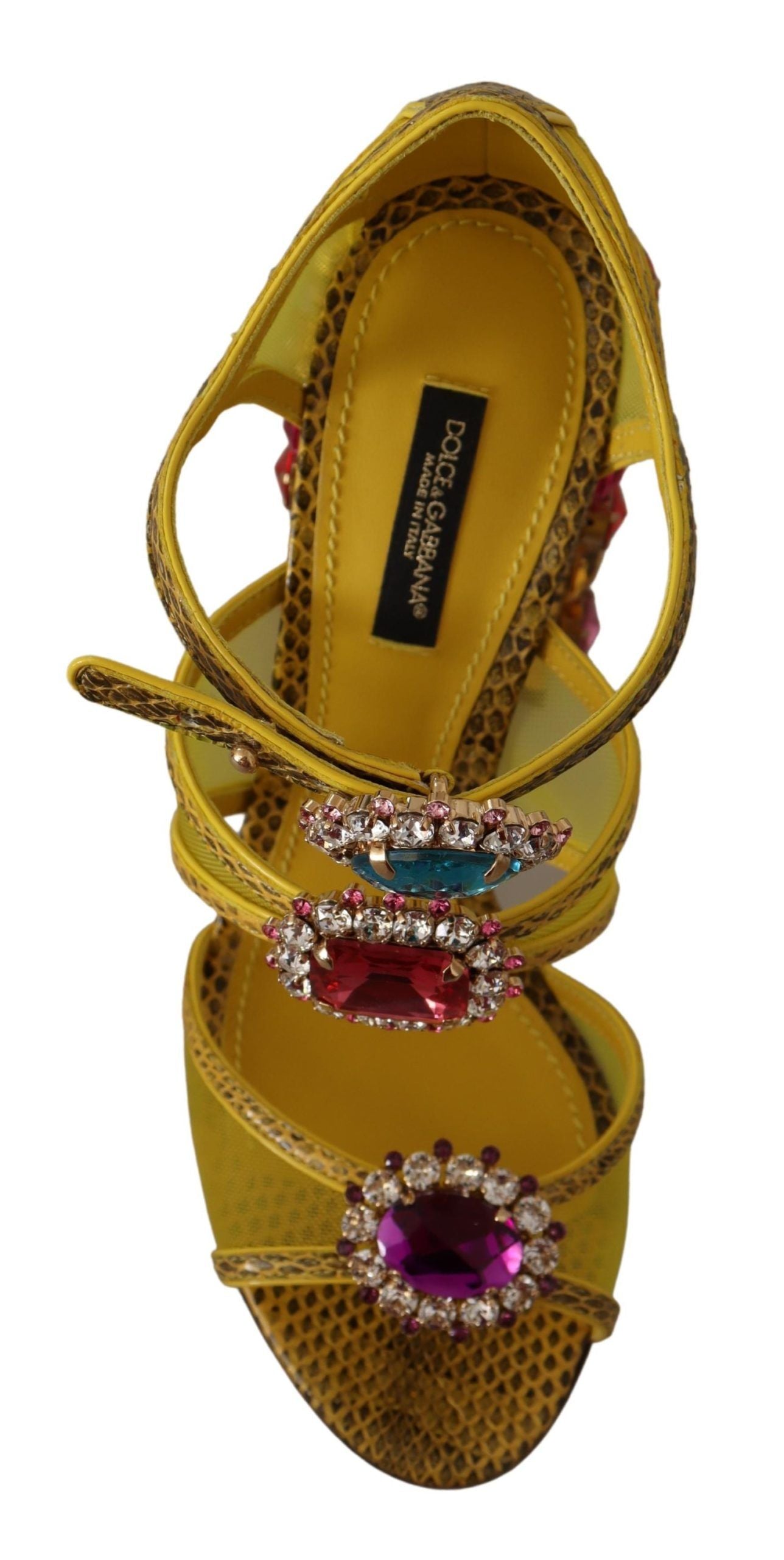 Sandales en cuir jaune Dolce & Gabbana avec cristaux, élégantes et sophistiquées, chaussures à talons pour femmes.