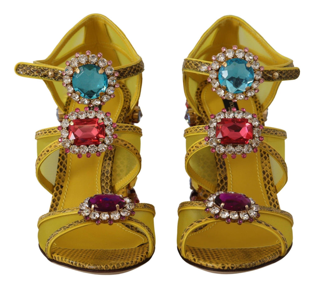 Sandales en cuir jaune Dolce & Gabbana avec cristaux, style élégant et sophistiqué, vue de face.