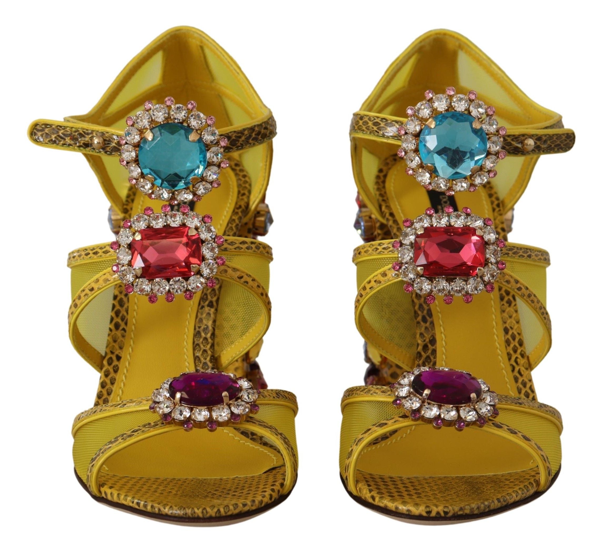 Sandales en cuir jaune Dolce & Gabbana avec cristaux, style élégant et sophistiqué, vue de face.