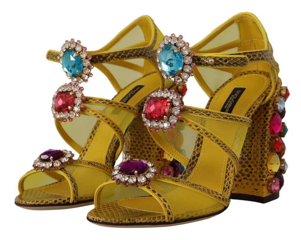 Sandales Dolce & Gabbana en cuir jaune avec cristaux, chaussures élégantes et sophistiquées pour femmes.