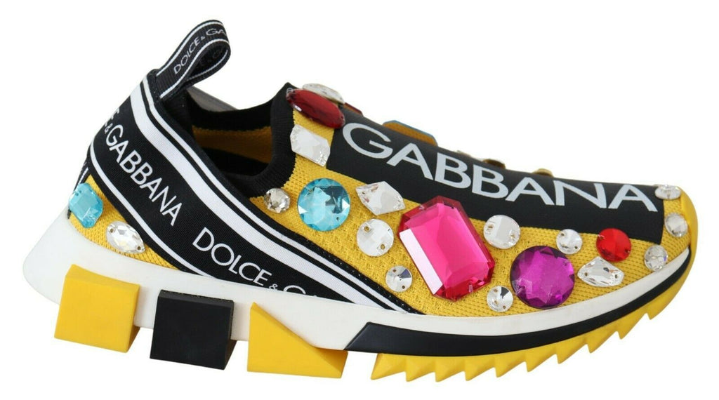 Chaussures sneakers Dolce & Gabbana jaunes avec cristaux multicolores, détails élégants et design tendance.