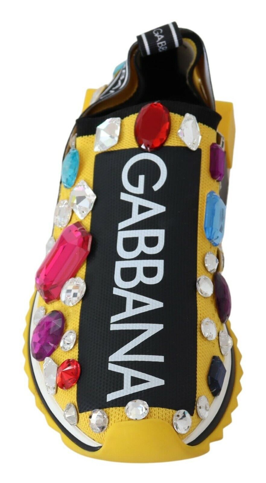 Chaussures sneakers Dolce & Gabbana jaunes avec cristaux multicolores, design élégant et tendance visible sur l’image.