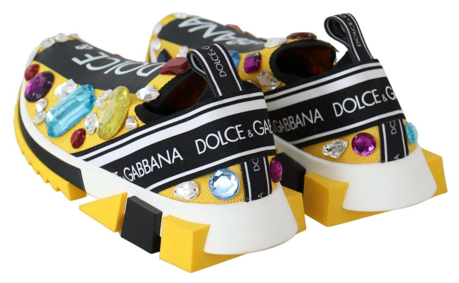 Chaussures sneakers Dolce & Gabbana jaunes avec cristaux multicolores, design élégant et tendance.