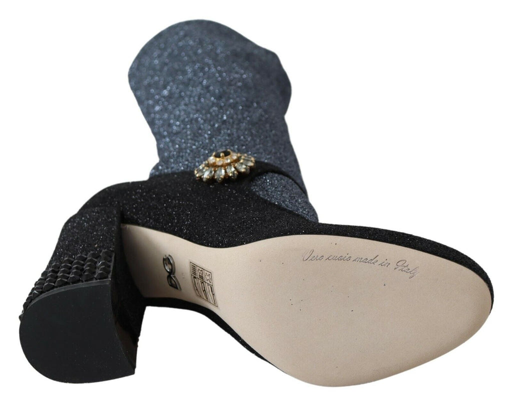 Chaussures Dolce & Gabbana Mary Janes noires avec cristaux, bottines élégantes en cuir et détails brillants.
