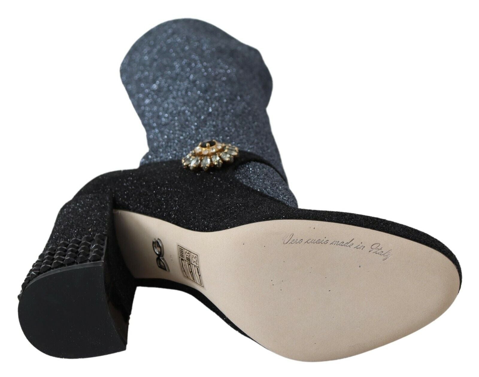 Chaussures Dolce & Gabbana Mary Janes noires avec cristaux, bottines élégantes en cuir et détails brillants.