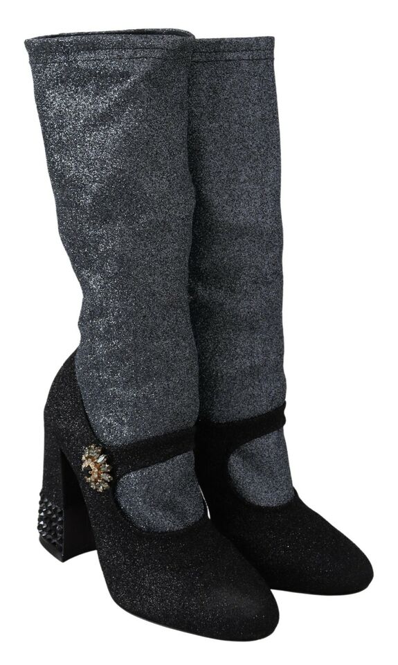 Chaussures Dolce & Gabbana Mary Janes noires avec cristaux, bottines élégantes en cuir, vue de face.