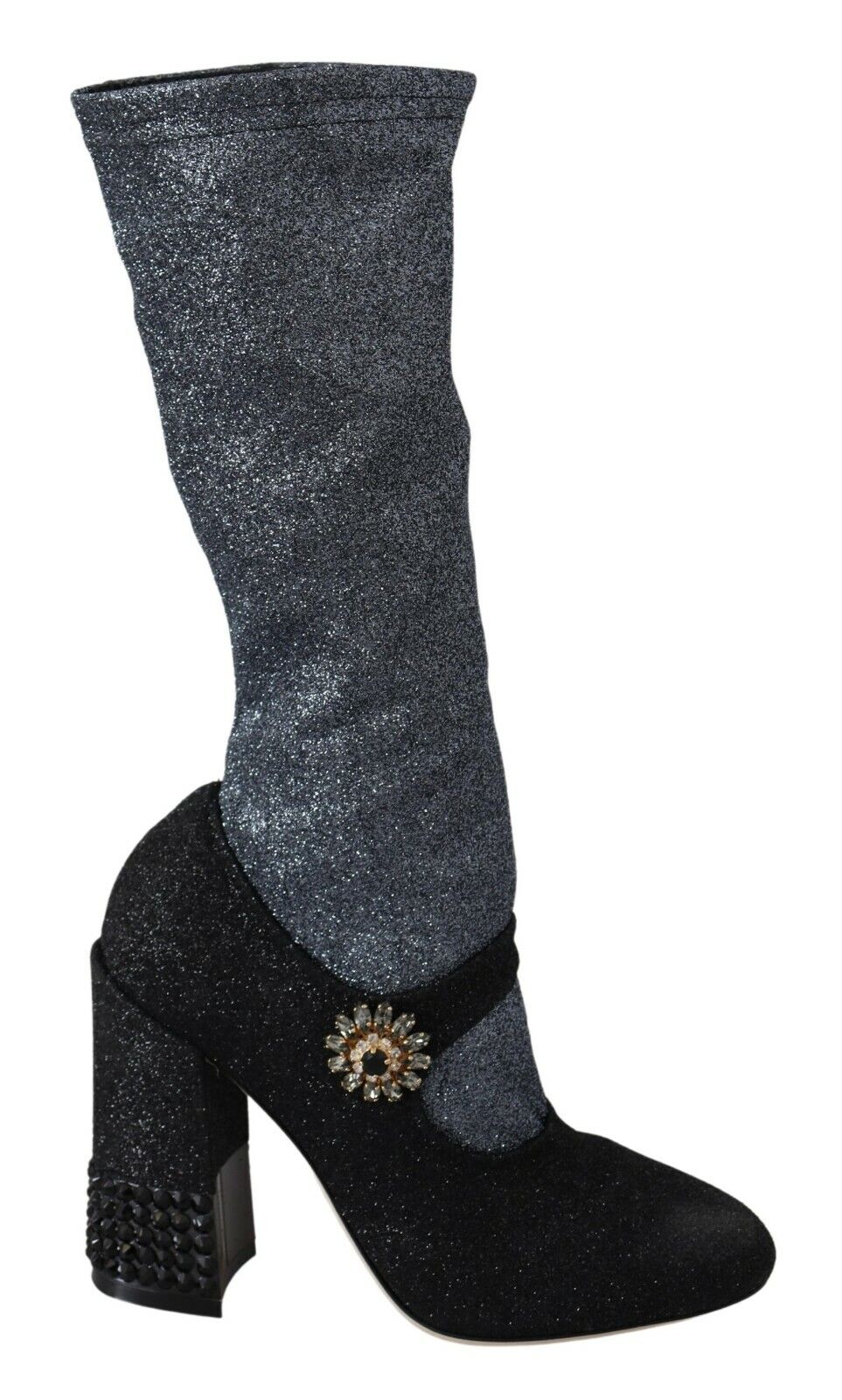 Chaussures Mary Janes noires Dolce & Gabbana avec cristaux, bottines élégantes en cuir brillant et détails sophistiqués.