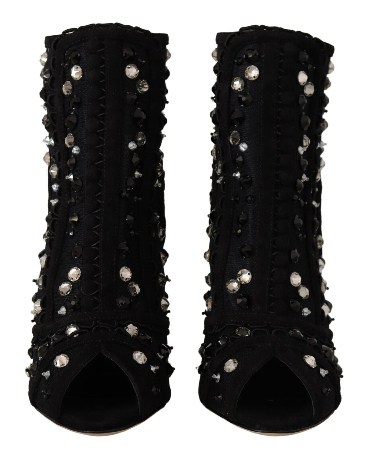 Chaussures à talons noires Dolce & Gabbana avec cristaux, bottines courtes en cuir avec fermeture éclair, style élégant et sophistiqué.