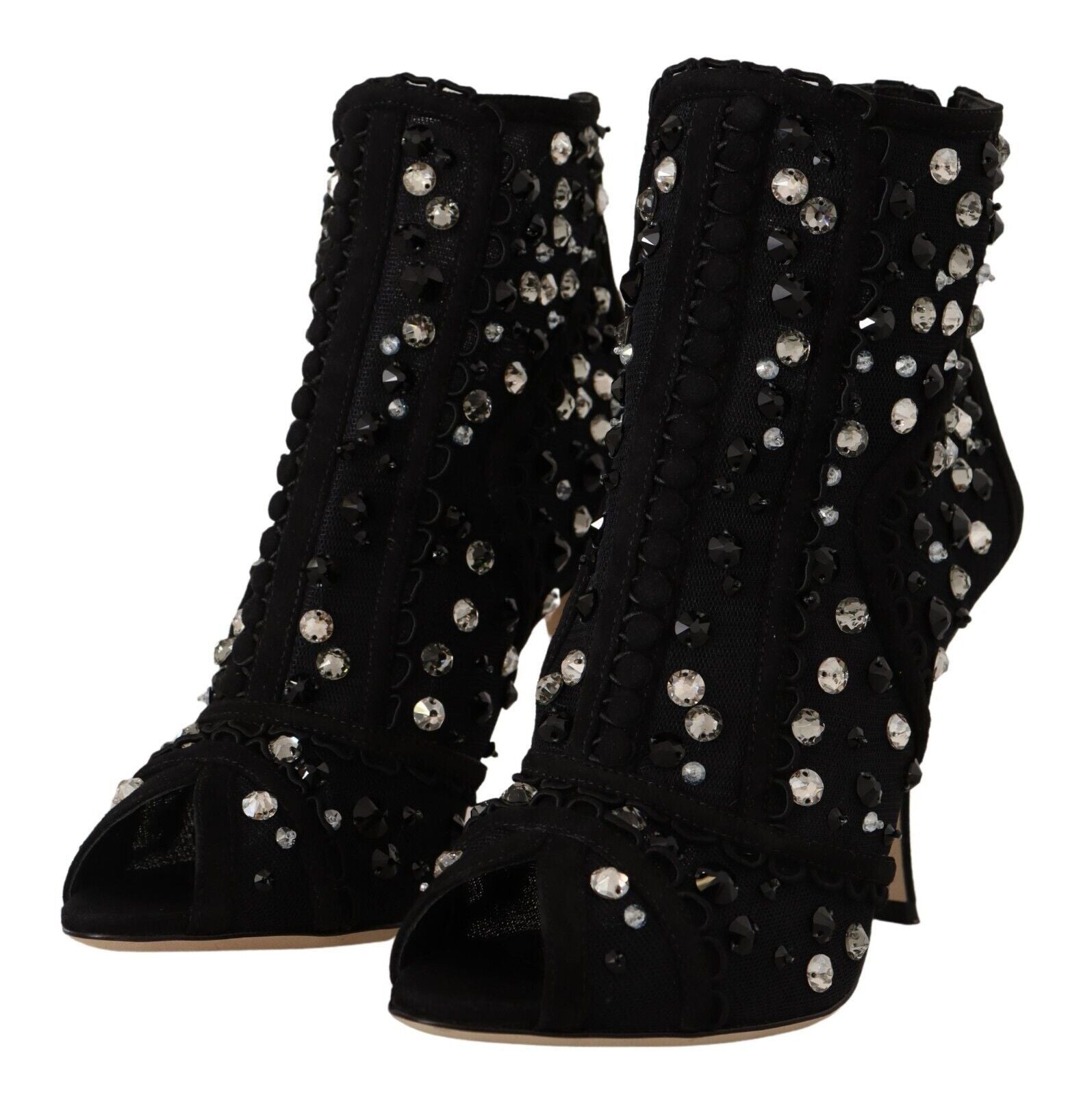 Chaussures à talons noires Dolce & Gabbana avec cristaux, bottines courtes en cuir avec fermeture éclair élégante.