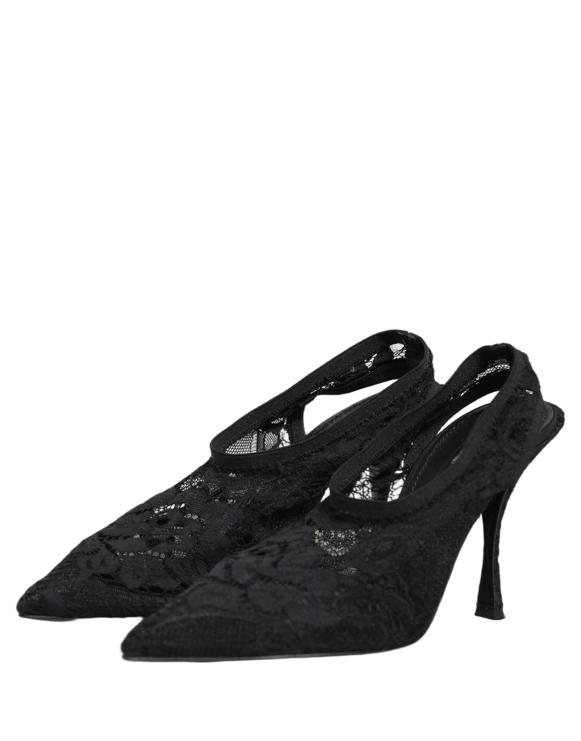 Chaussures Dolce & Gabbana noires en dentelle à talons pointus et bride arrière, élégantes et sophistiquées.