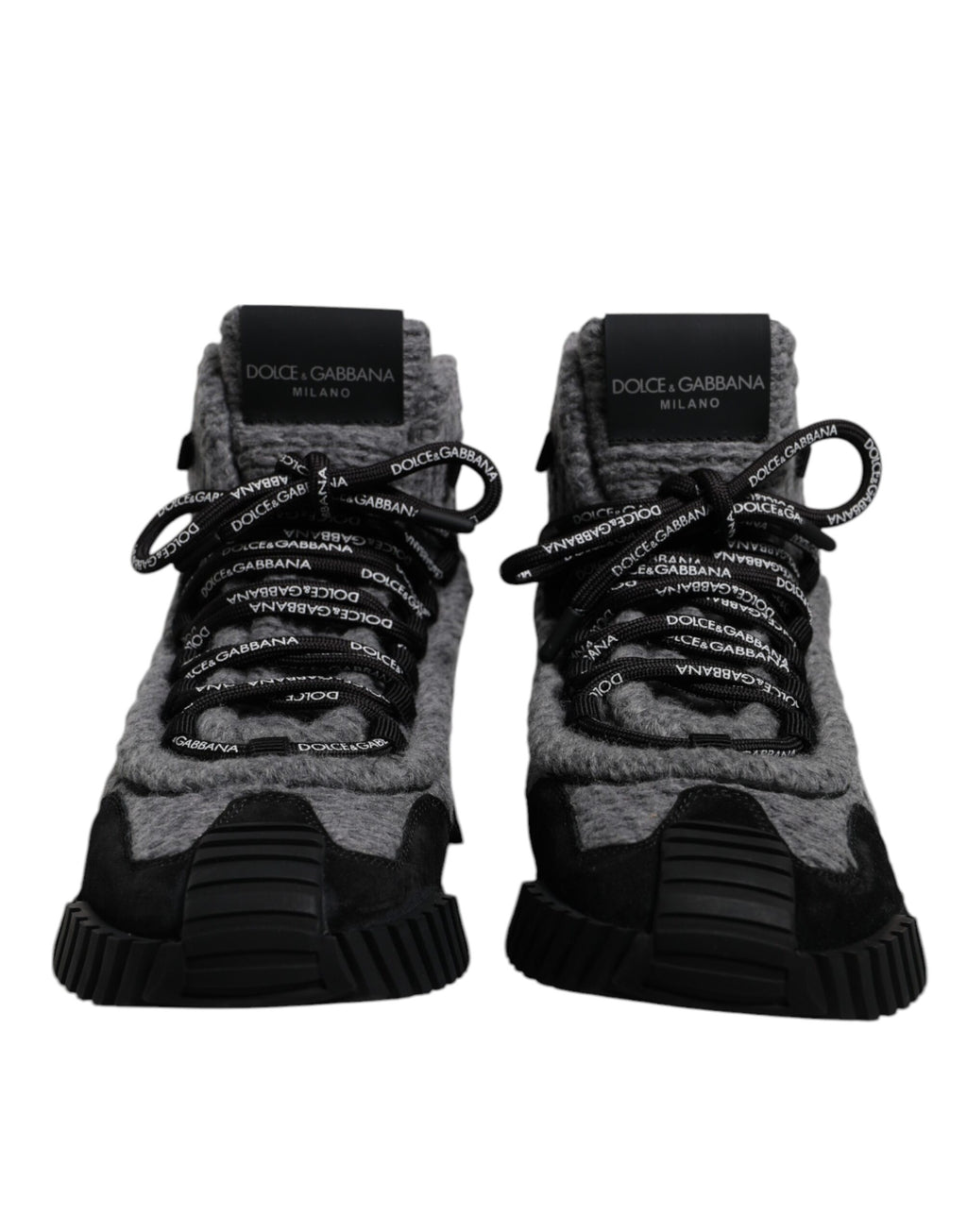 Bottes sneakers hautes Dolce & Gabbana gris et noir NS1, chaussures de mode avec semelle épaisse et détails élégants.