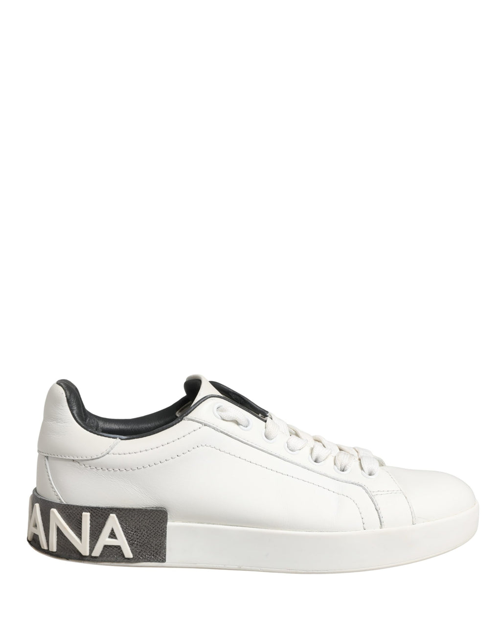 Chaussures sneakers portofino en cuir blanc et noir de Dolce & Gabbana, vues de face sur un fond neutre.