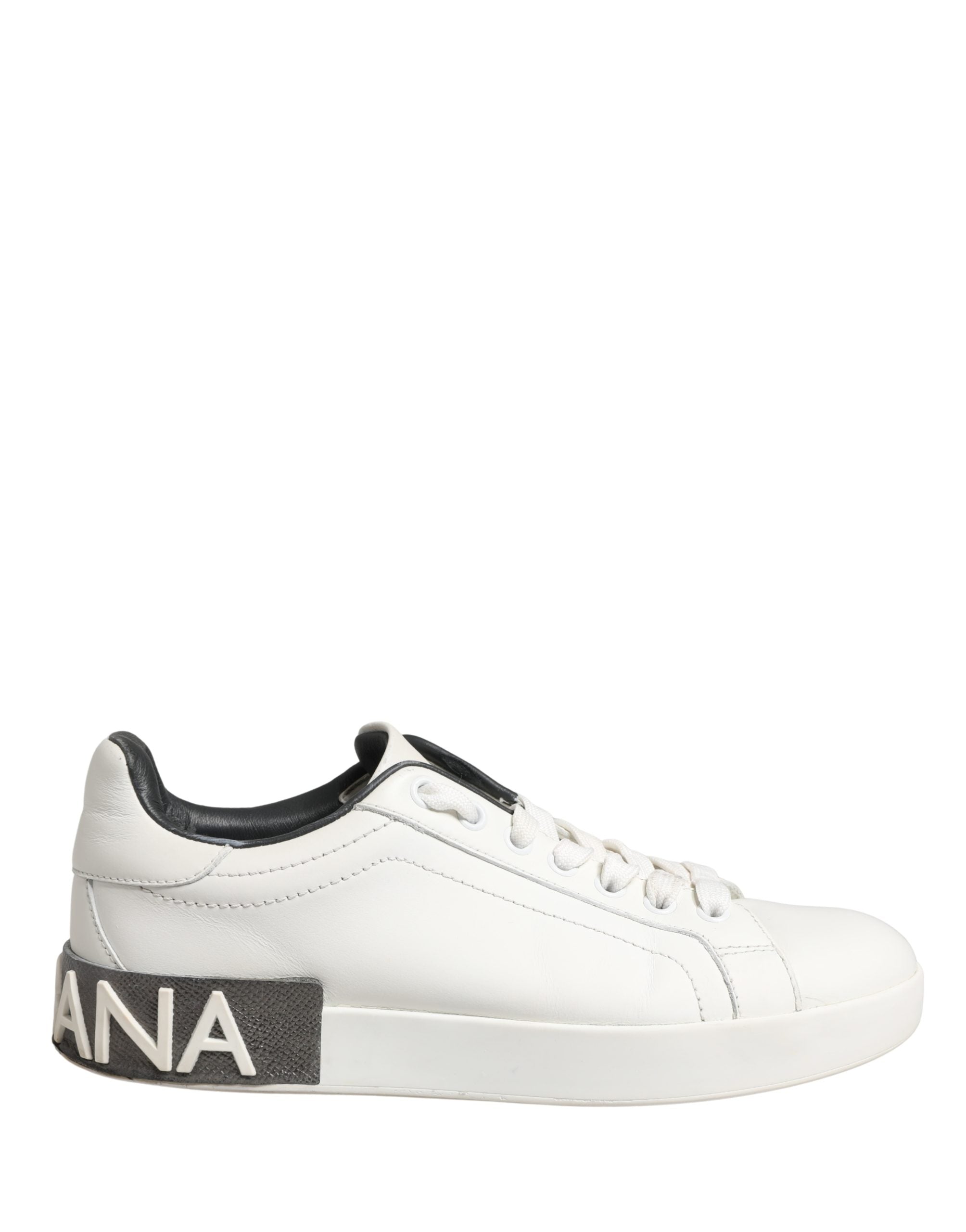 Chaussures sneakers portofino en cuir blanc et noir de Dolce & Gabbana, vues de face sur un fond neutre.
