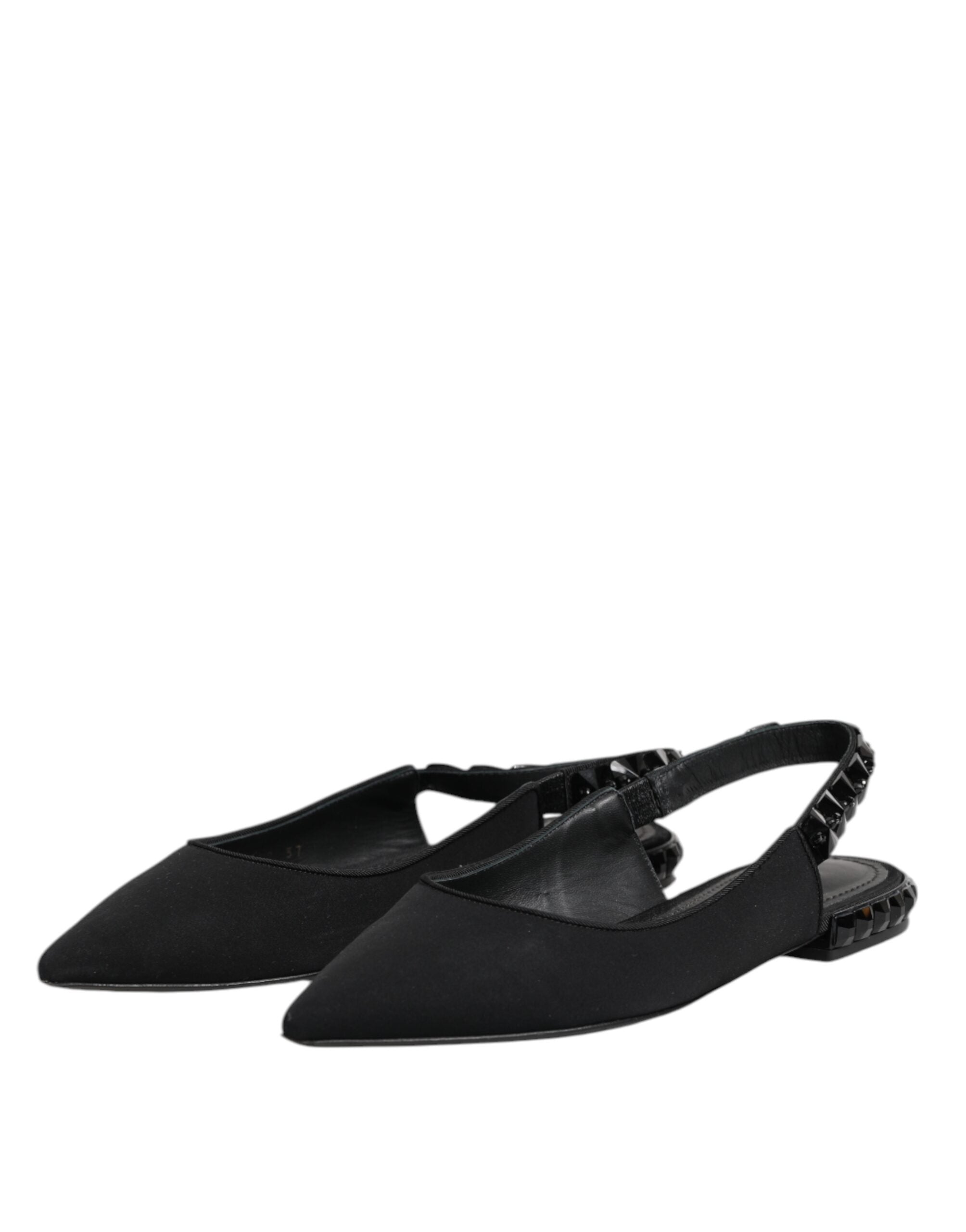 Chaussures Dolce & Gabbana slingback en satin noir avec cristaux, style élégant et sophistiqué.