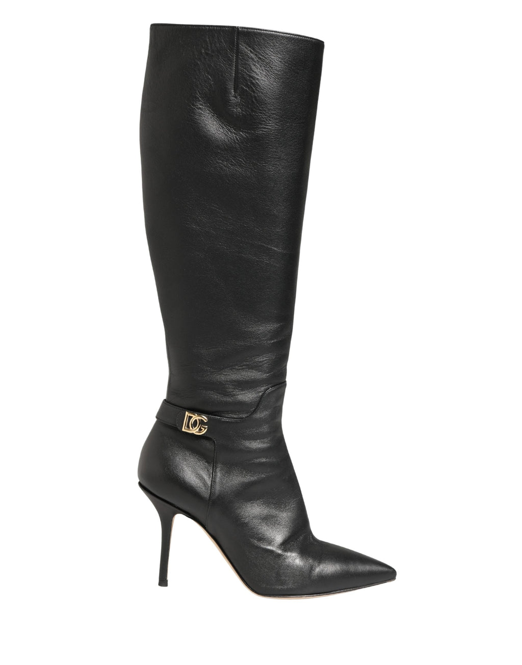 Chaussures à talons en cuir noir Dolce & Gabbana, bottines hautes jusqu'aux genoux, élégantes et sophistiquées.