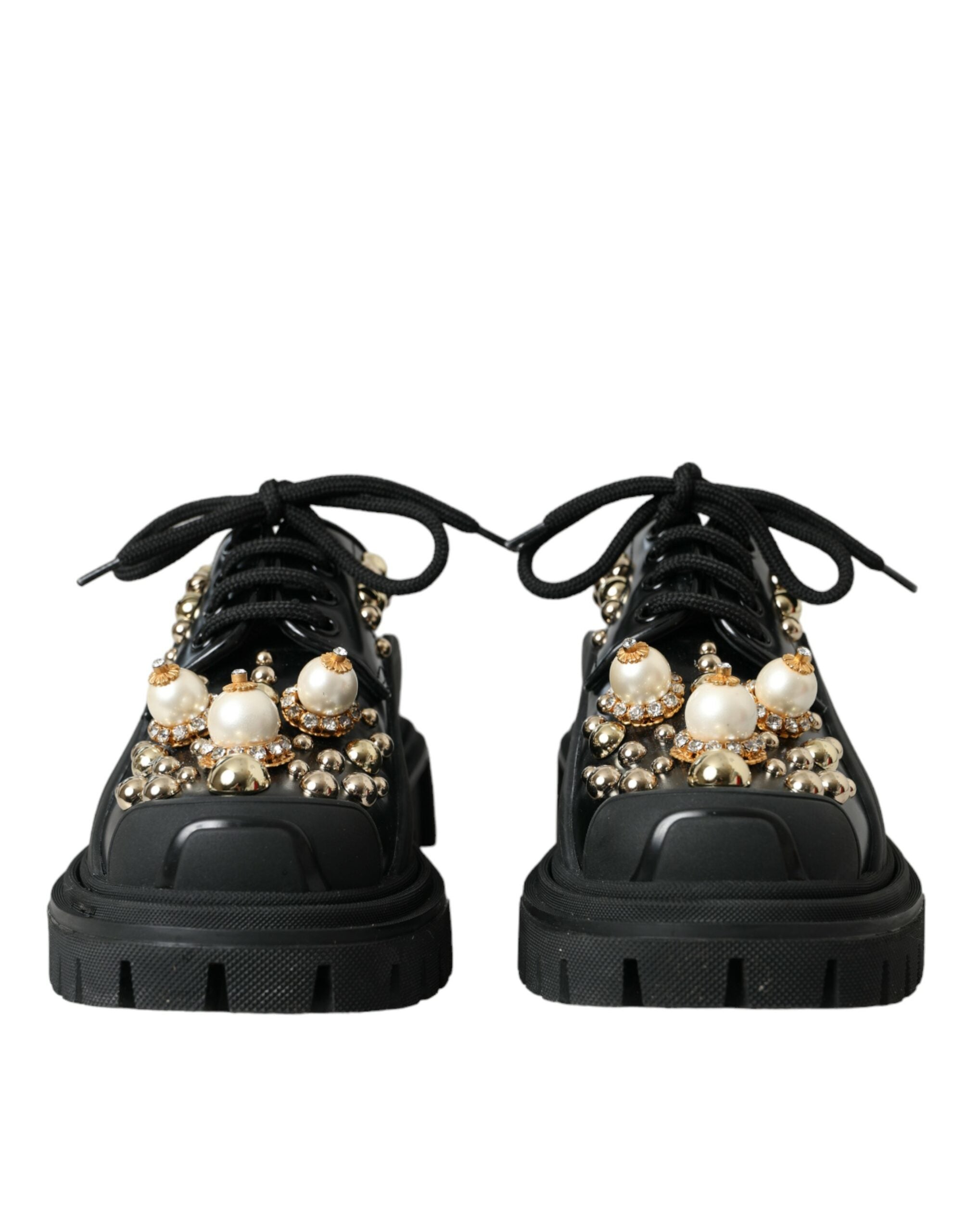 Chaussures Derby de trekking en cuir noir Dolce & Gabbana avec embellissements, chaussures élégantes et robustes pour homme.